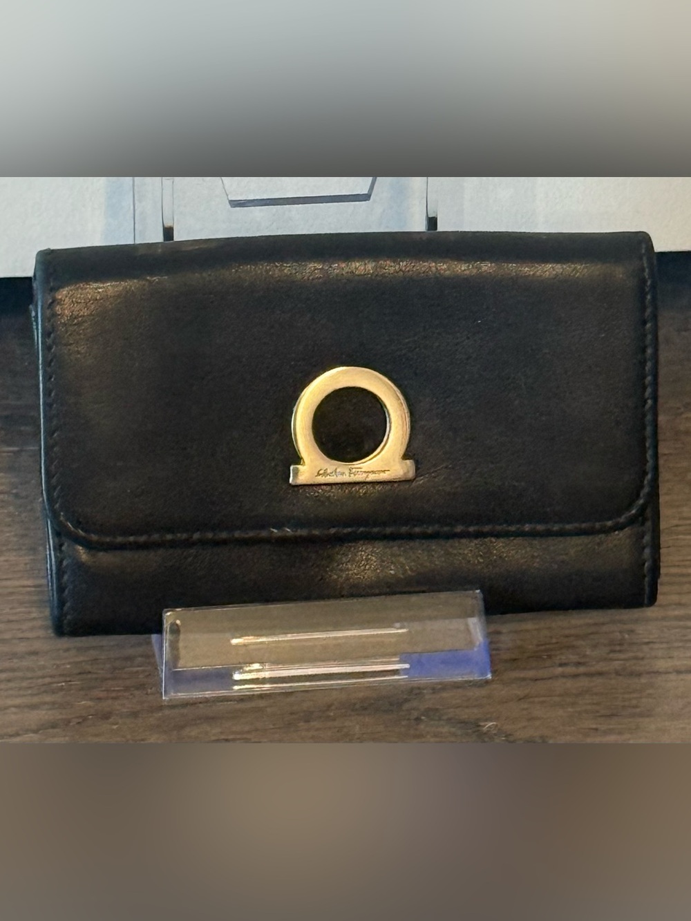 Salvatore Ferragamo Gancini Black Leather Coin Purse, Card Holder, Mini Wallet.